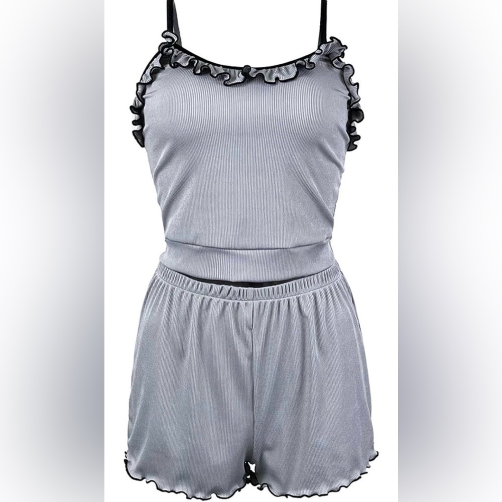 Women’s grey ruffled camisole & shorts pajama set solid color sexy comfy S NWOT - Picture 3 of 8
